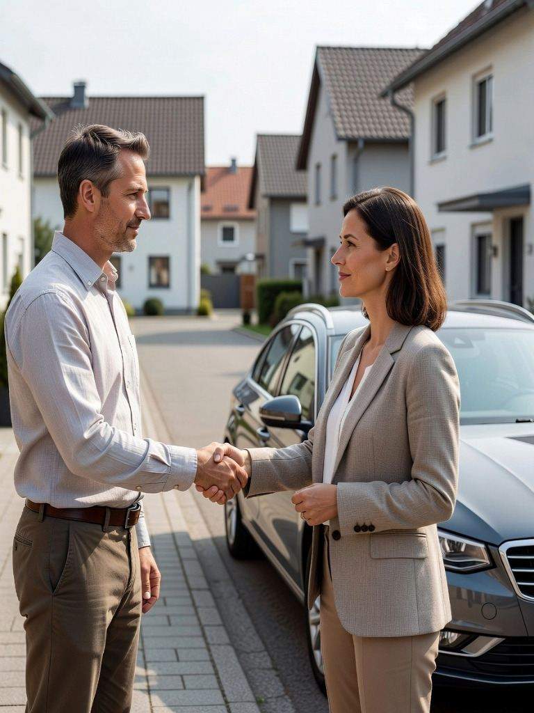 seriöser und geprüfter Autoankäufer mitten beim Vertragsabschluss in einer Wohngegend in Tönisvorst